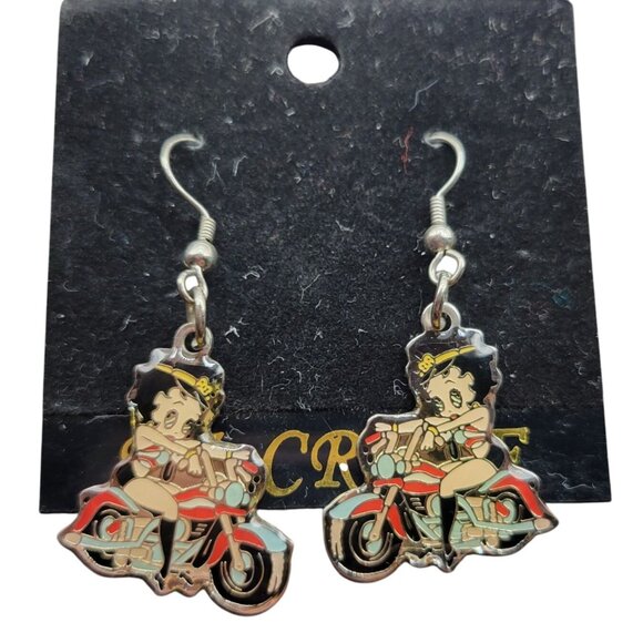 Betty Boop Motorcycle Dangle Earrings By NJ Croce Co Silver Tone Enamel Design - Picture 1 of 6